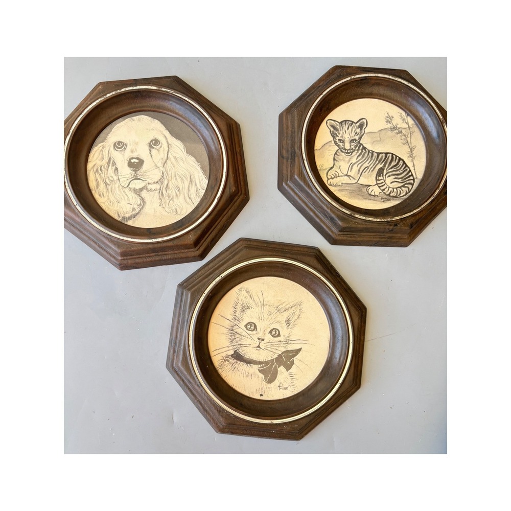 Vintage Huisel Animal Portrait Set 3 Octagon Framed Dog Cat Tiger Illustrations